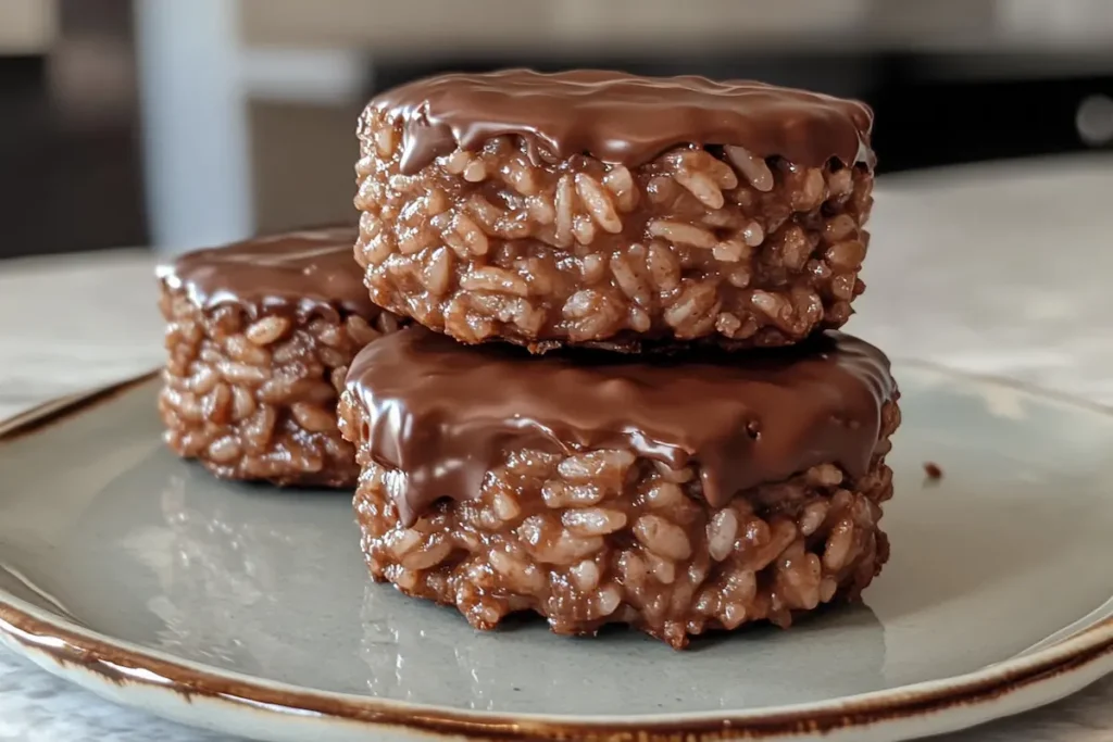 Three chocolate-covered rice krispie treats are stacked on a plate.