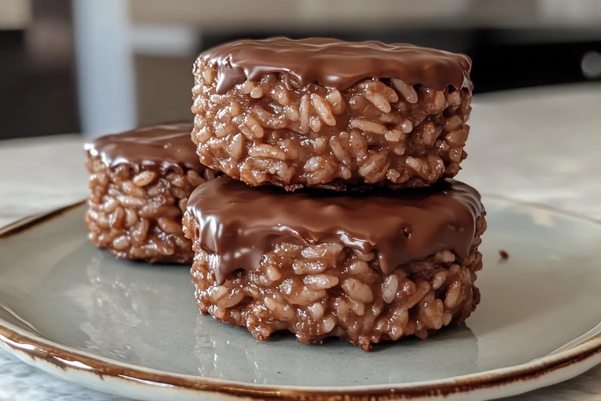 Three chocolate-covered rice krispie treats are stacked on a plate.