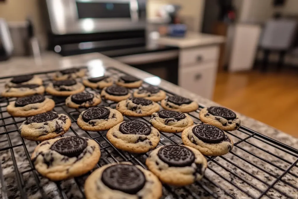 Freshly baked cookies topped with Oreos cooling on a wire rack.
