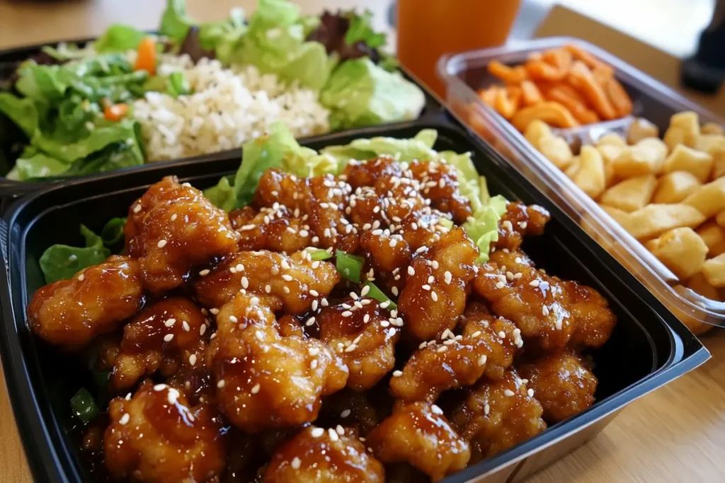 Close-up of teriyaki chicken with sesame seeds, served with a side of rice and salad.
