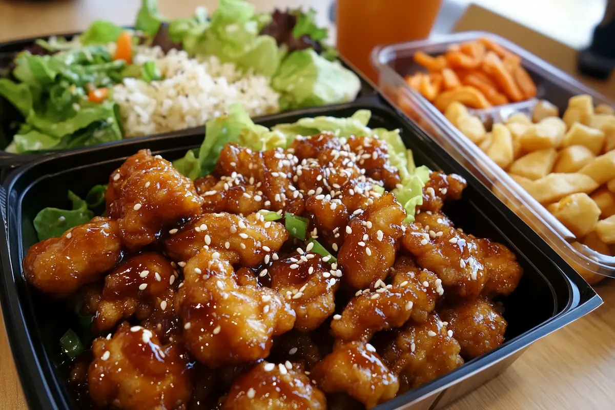 Close-up of teriyaki chicken with sesame seeds, served with a side of rice and salad.