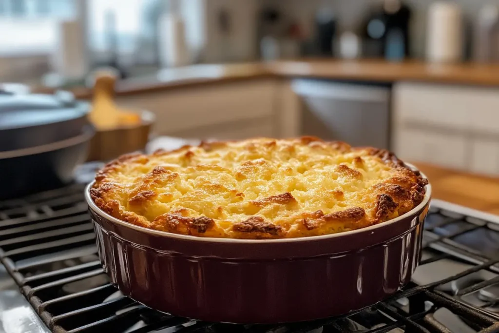 A freshly baked, golden-brown casserole sits on a stovetop cooling rack.
